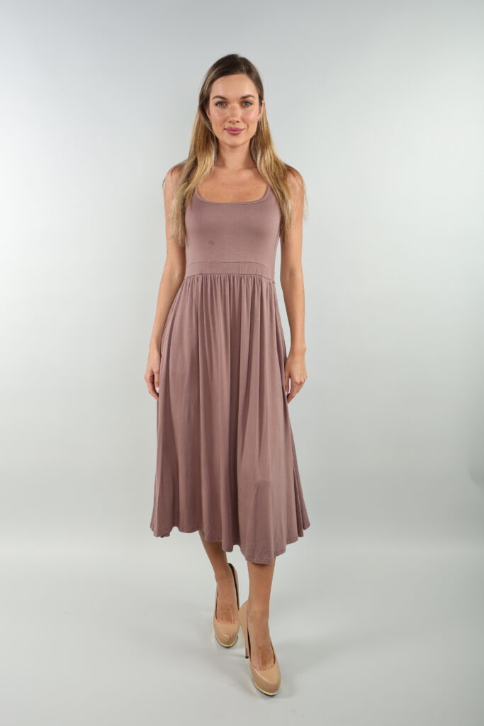 Model in a mauve midi dress